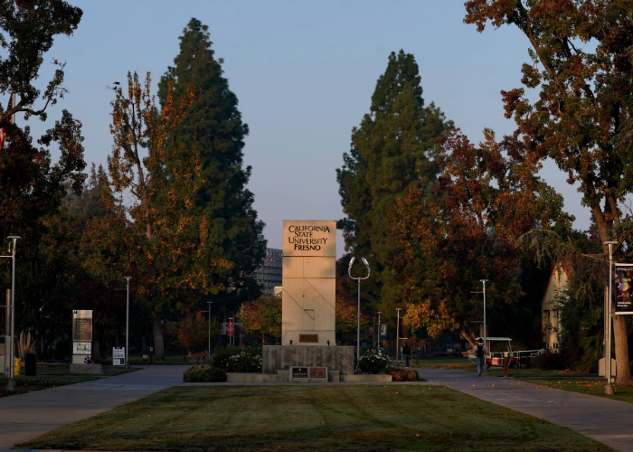 Photo of California State University, Fresno cement pillar sign.