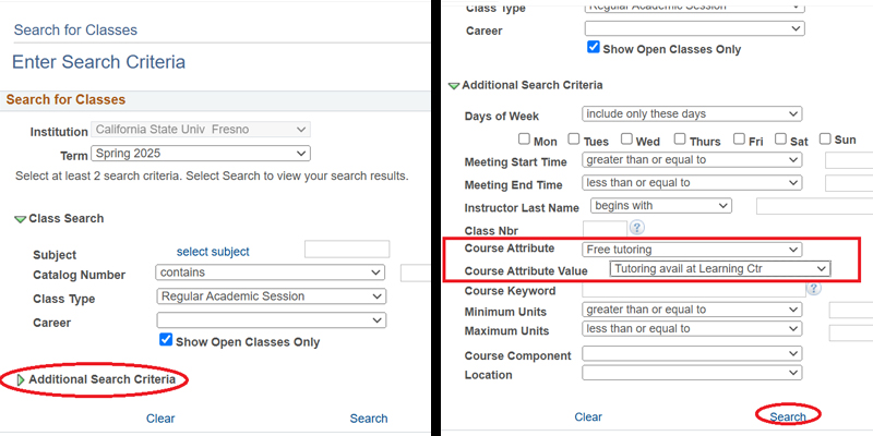 Screenshot of search for courses supported by tutoring