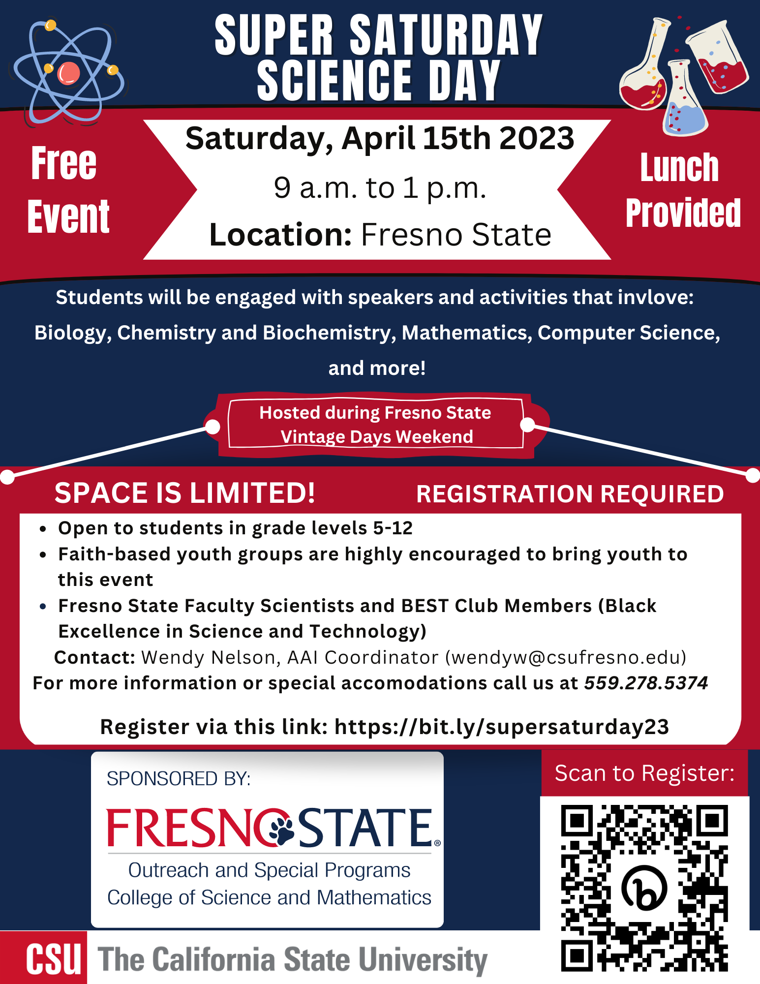 super saturday science day flyer. event held on april 15, 2023 from 9am to 1pm for 5th to 12th grade students.