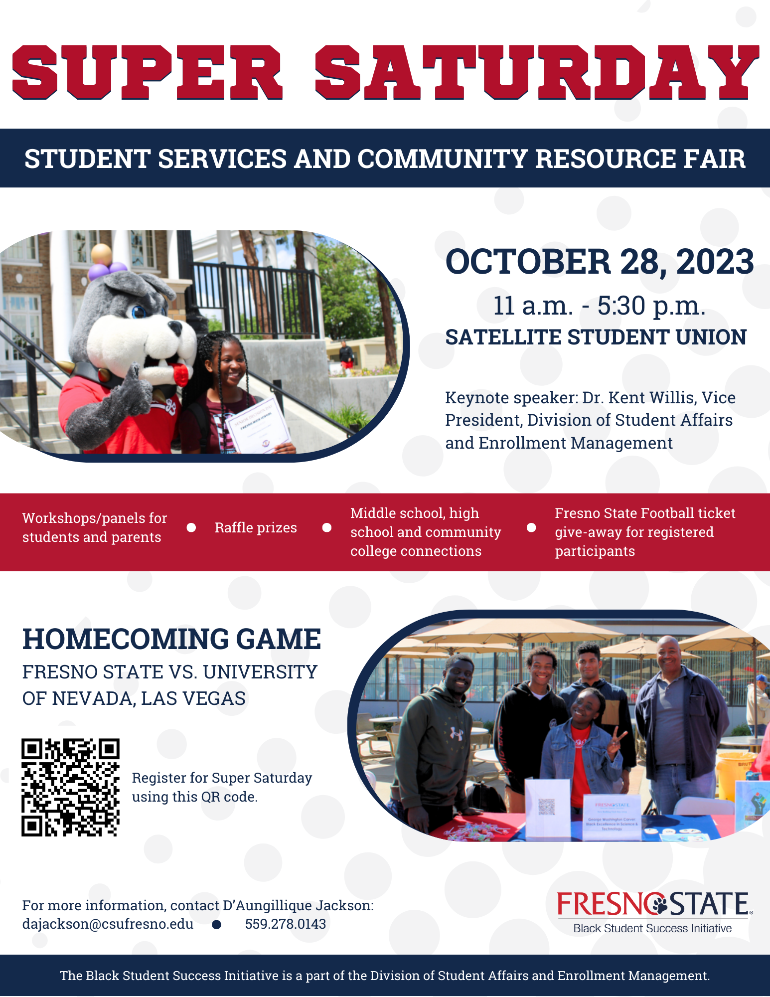 save the date flyer for super saturday on saturday, october 28, 2023 in the satellite student union from 11 a.m. to 5:30 p.m.
