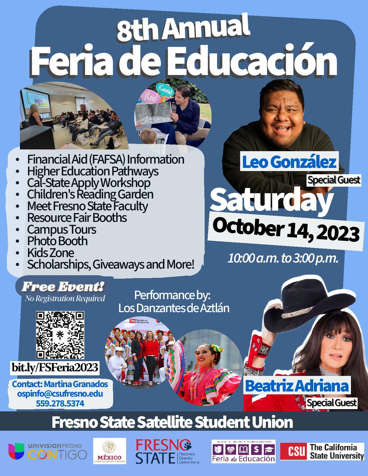 fresno state feria flyer event held on saturday, october 14, 2023 from 10 am to 3pm at the satellite student union