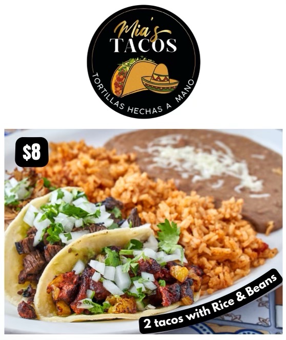 two tacos with rice and beans on a plate