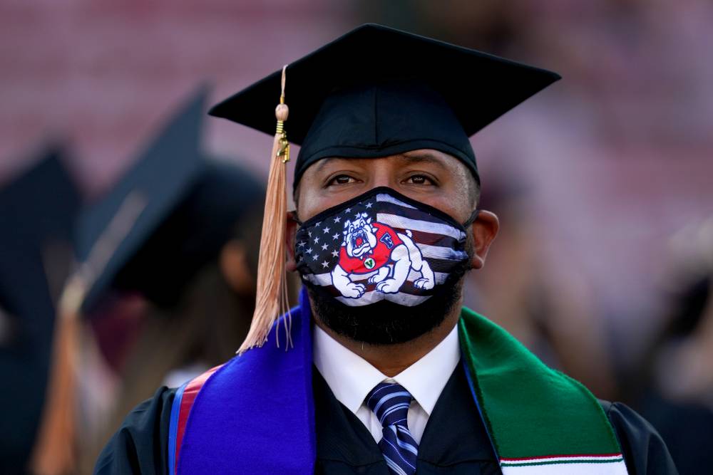 Student Wearing Graduation Cap and Mask