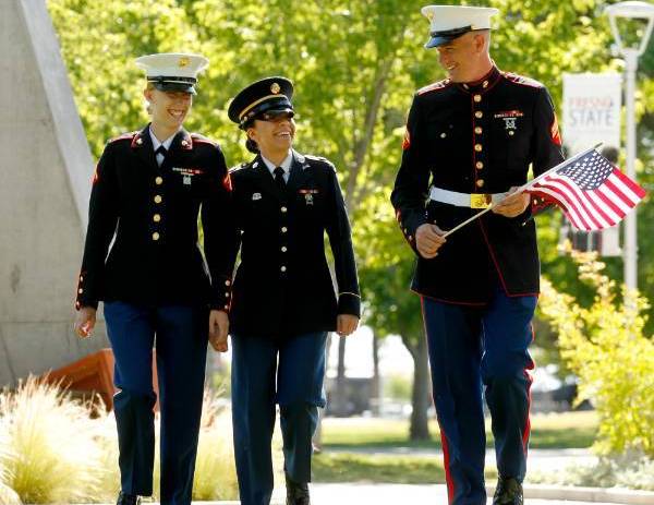 Veterans students walking on-campus