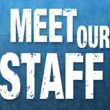 Blue Background with White Text "Meet our Staff"