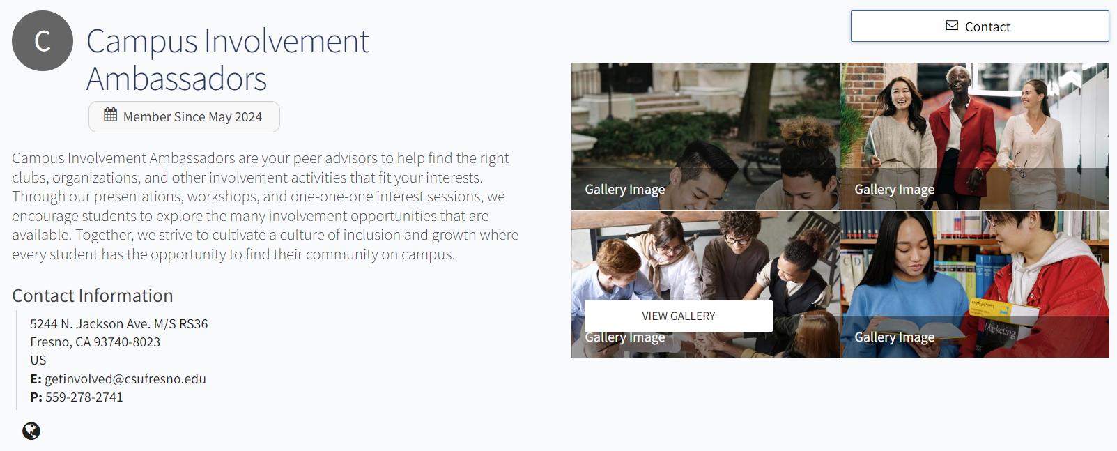 Screenshot of Campus Involvement Ambassadors' ENGAGE page