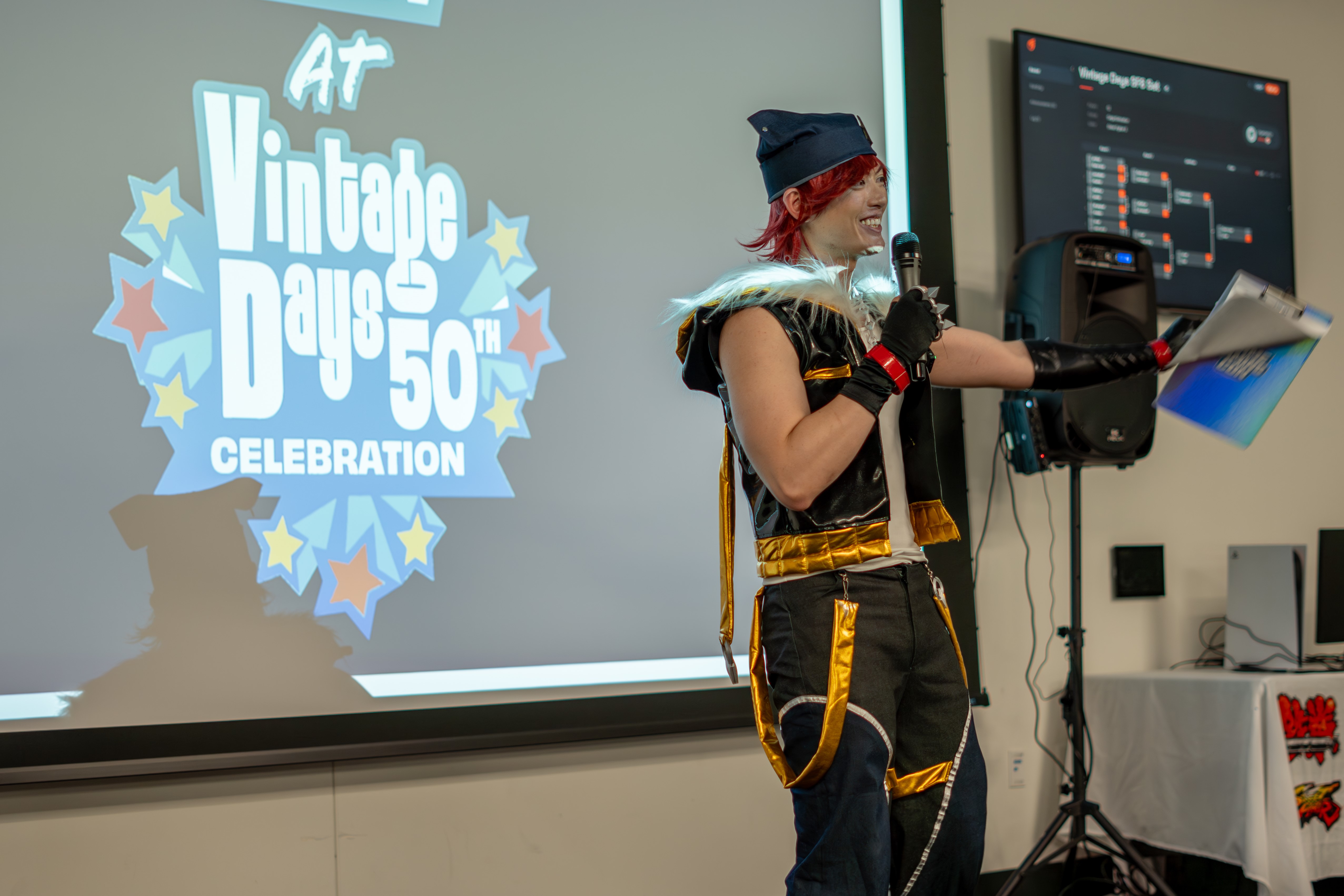 Judge of the cosplay contest, Seanpai, MC'ing the event