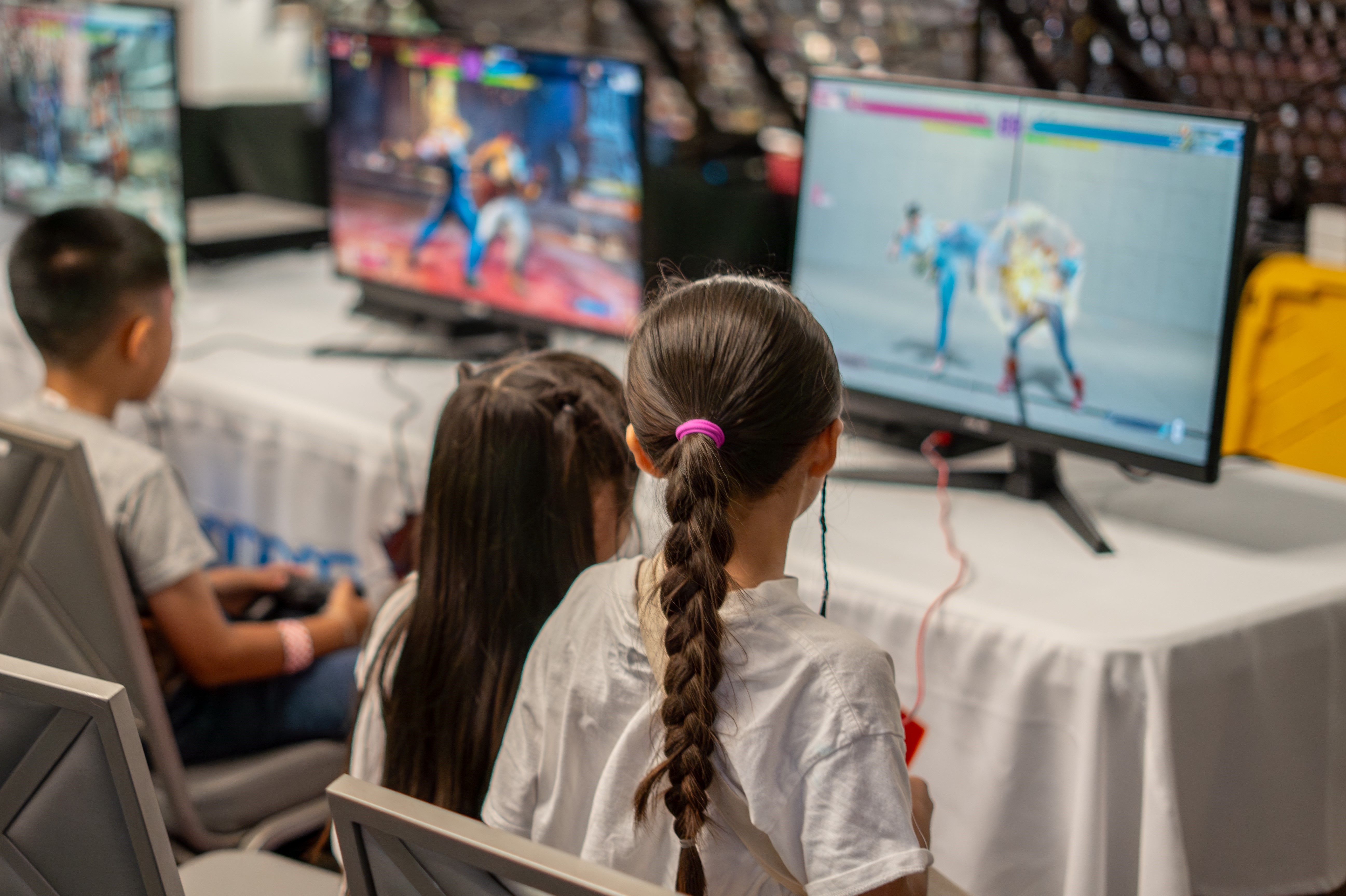 Kids playing fighting games on the computers 