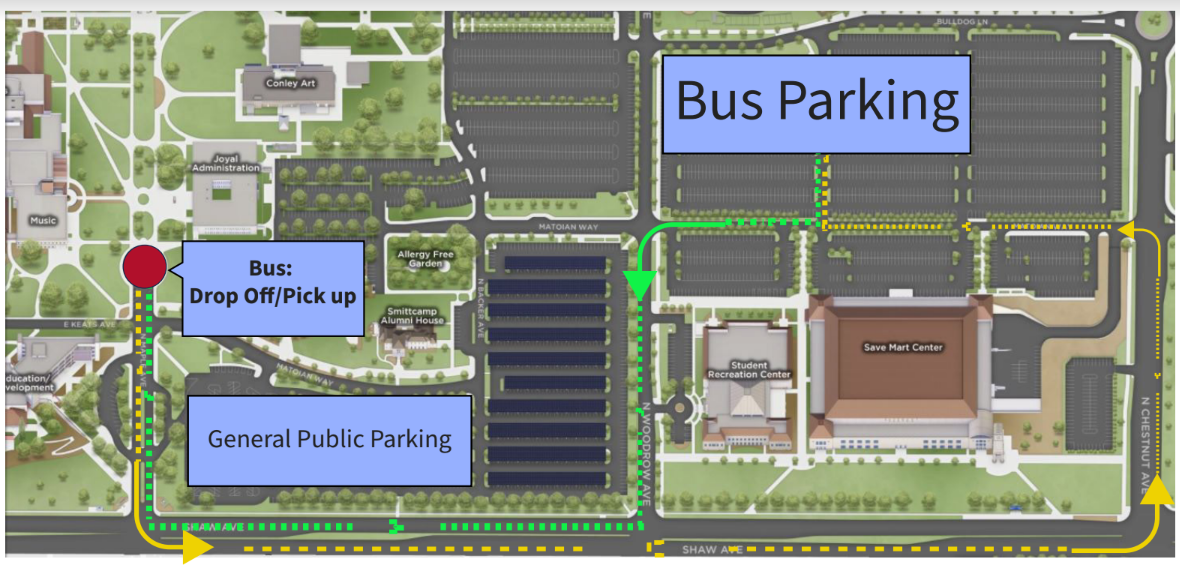 Parking map for general public and buses. Drop off at Maple Mall roundabout and parking at save mart center. General public parking is in P1.